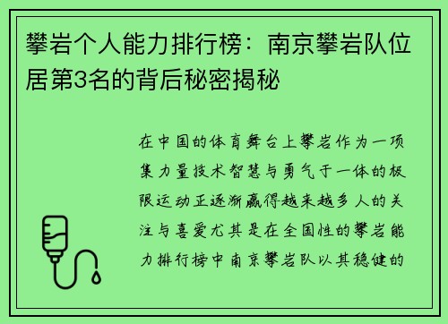 攀岩个人能力排行榜：南京攀岩队位居第3名的背后秘密揭秘