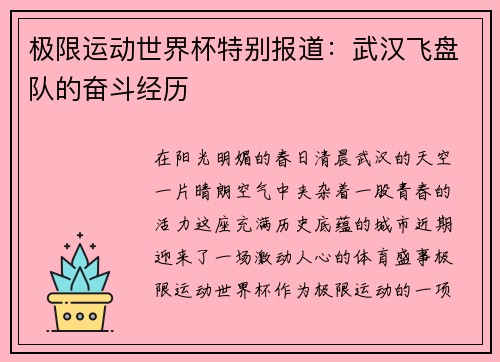 极限运动世界杯特别报道：武汉飞盘队的奋斗经历