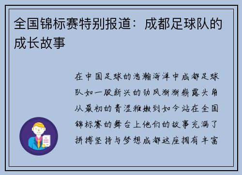 全国锦标赛特别报道：成都足球队的成长故事